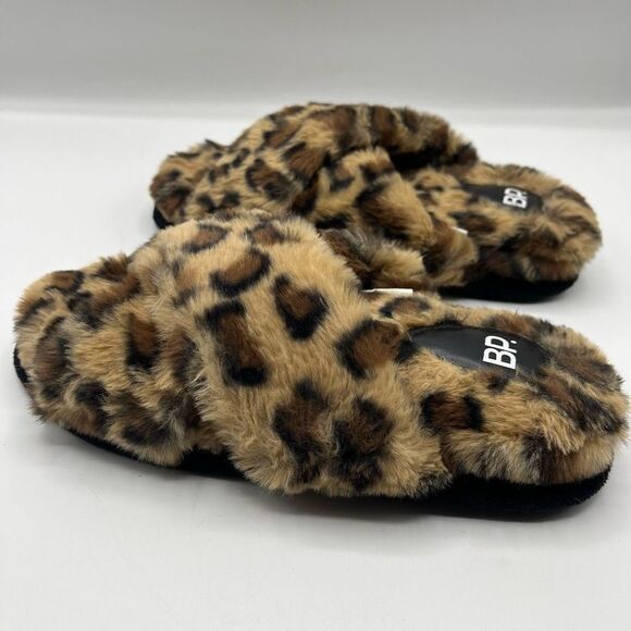 BP. Sz M 7 / 8 Animal Print Slippers Open Toe Crisscross Furry Fuzzy - Picture 2 of 7